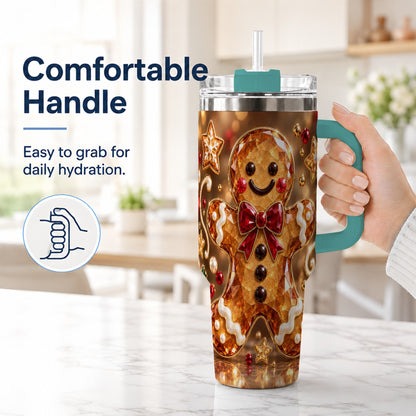 #pl[40oz|Green] Jewel Style Gingerbread 40oz Tumbler with Handle, Holiday Cookie Design