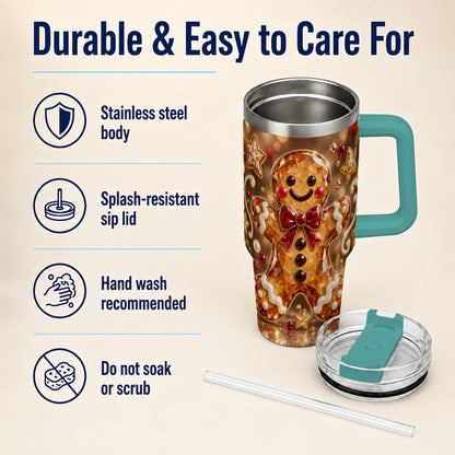 #pl[40oz|Green] Jewel Style Gingerbread 40oz Tumbler with Handle, Holiday Cookie Design