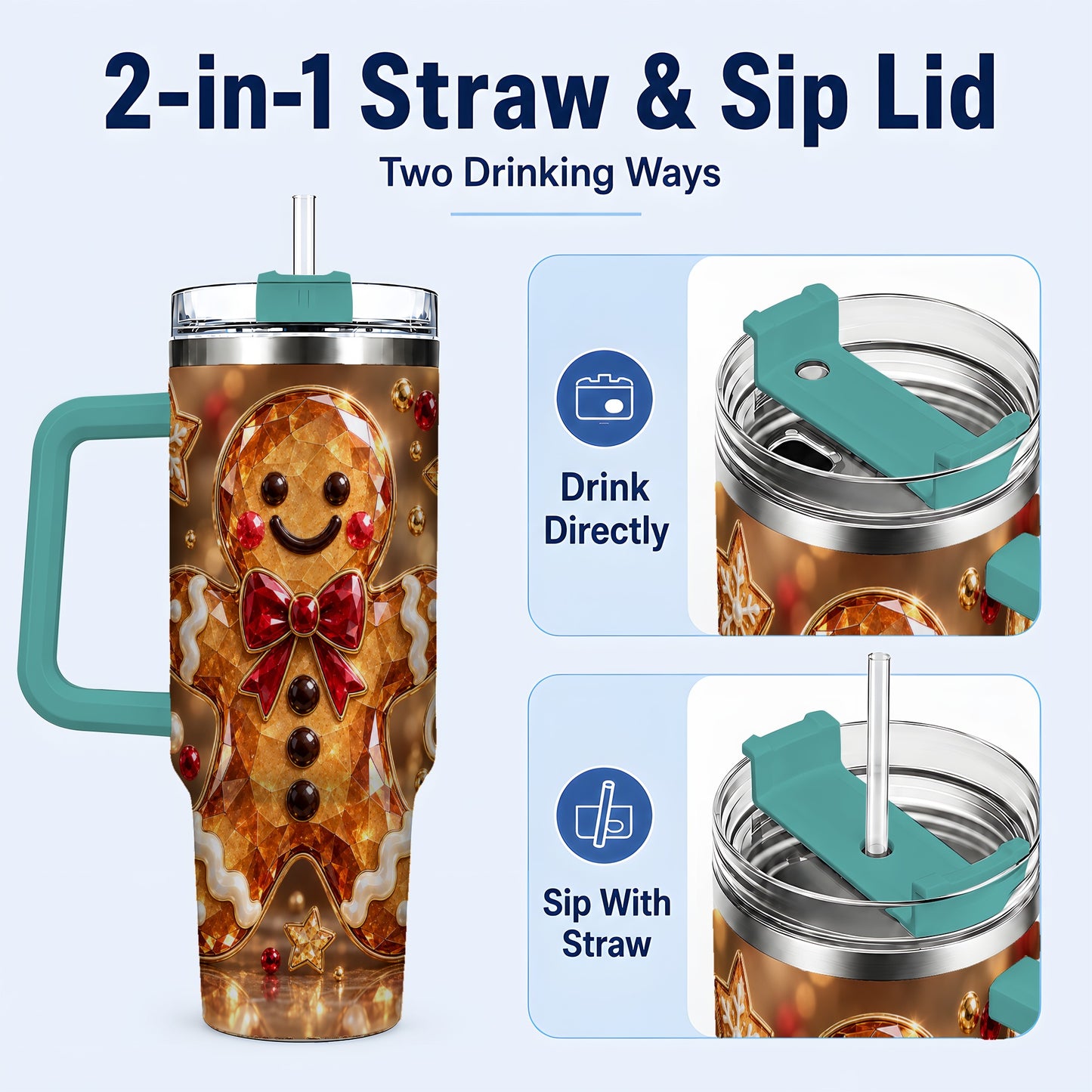 #pl[40oz|Green] Jewel Style Gingerbread 40oz Tumbler with Handle, Holiday Cookie Design