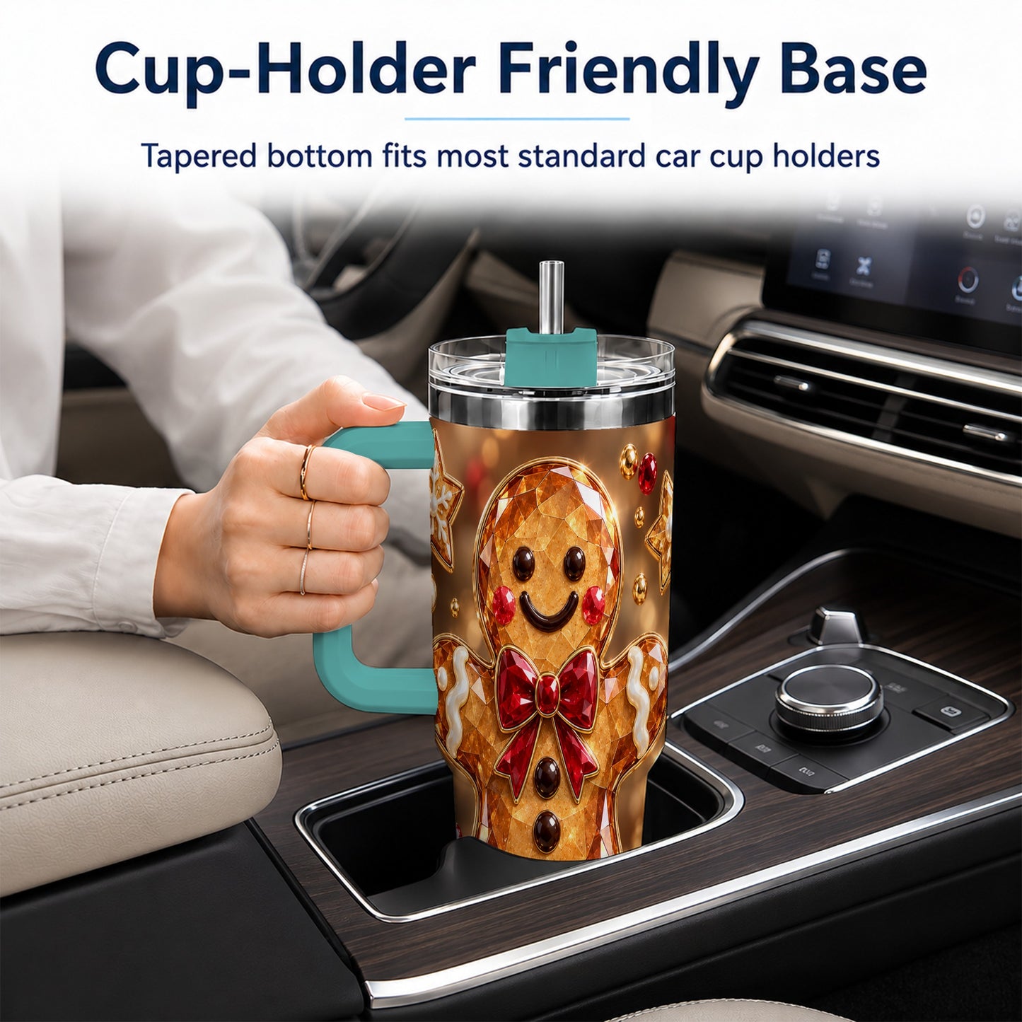 #pl[40oz|Green] Jewel Style Gingerbread 40oz Tumbler with Handle, Holiday Cookie Design