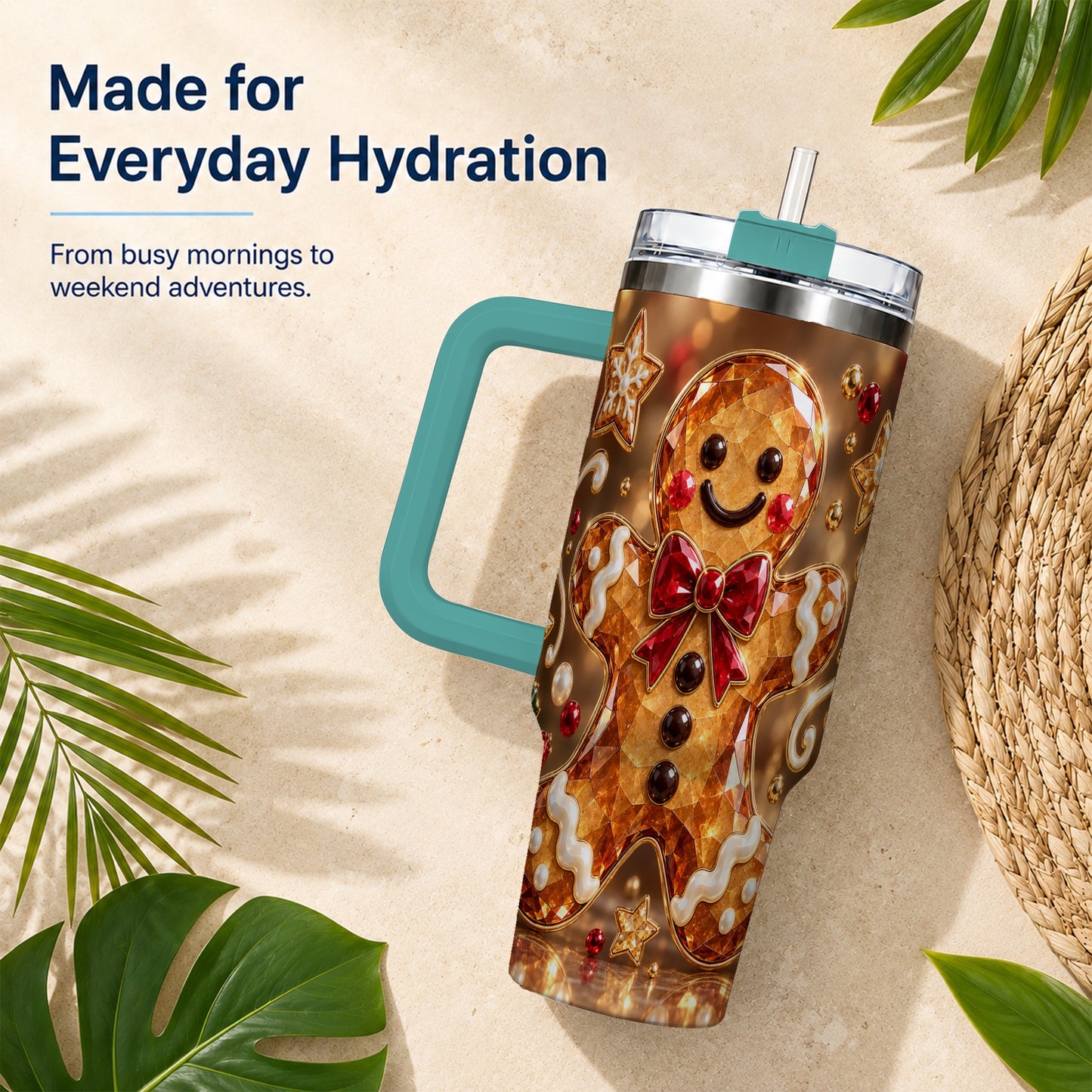 #pl[40oz|Green] Jewel Style Gingerbread 40oz Tumbler with Handle, Holiday Cookie Design