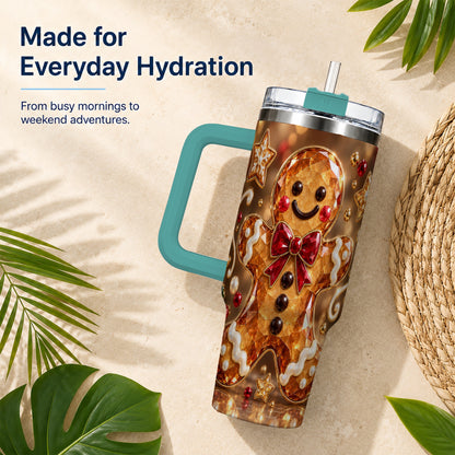 #pl[40oz|Green] Jewel Style Gingerbread 40oz Tumbler with Handle, Holiday Cookie Design