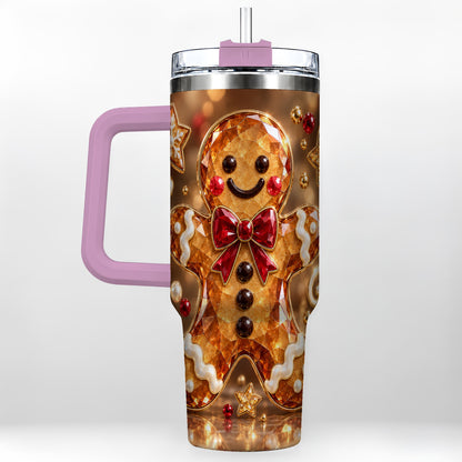 #pl[40oz|Pink] Jewel Style Gingerbread 40oz Tumbler with Handle, Holiday Cookie Design