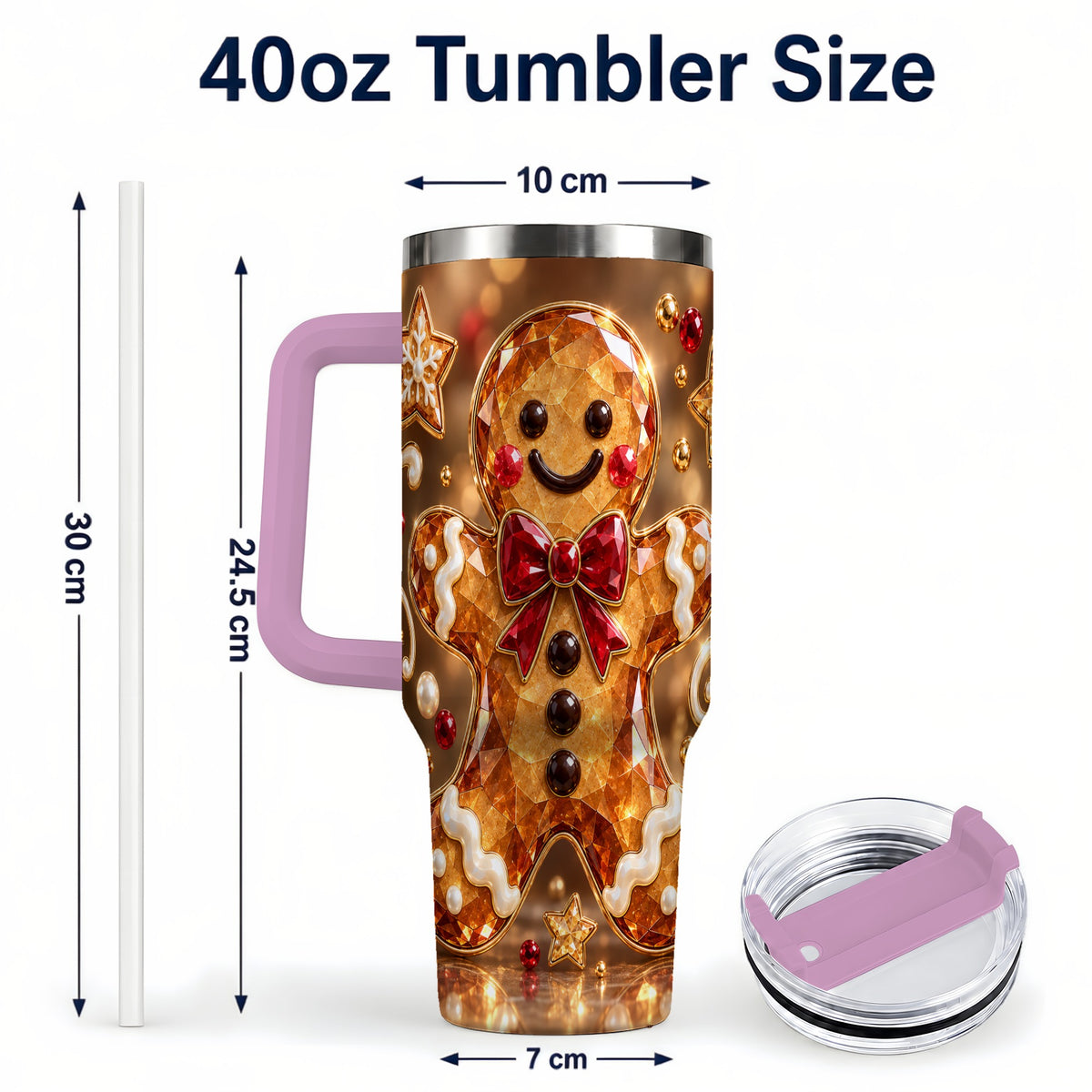 #pl[40oz|Pink] Jewel Style Gingerbread 40oz Tumbler with Handle, Holiday Cookie Design