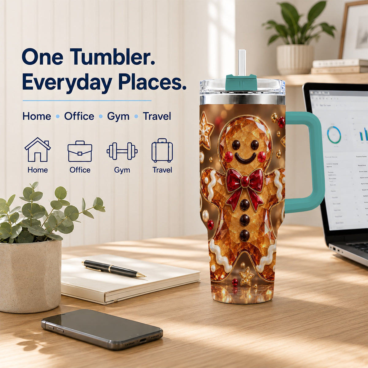 #pl[40oz|Green] Jewel Style Gingerbread 40oz Tumbler with Handle, Holiday Cookie Design