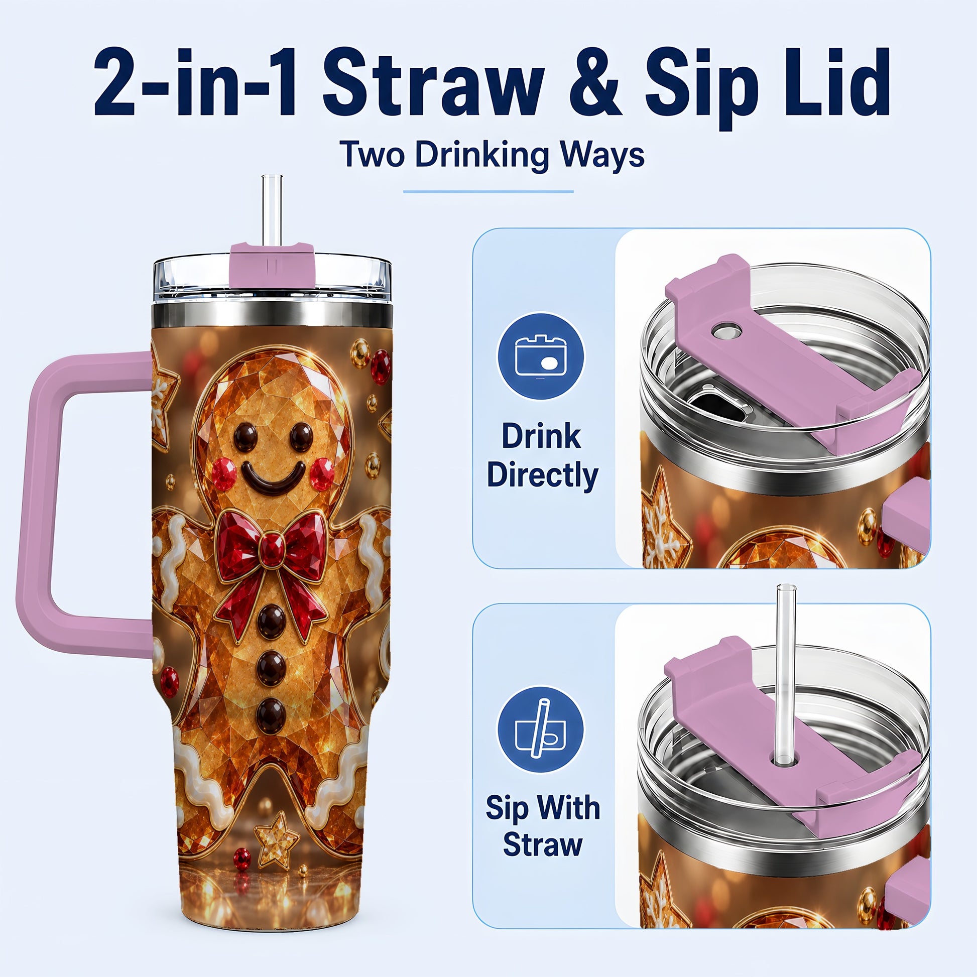 #pl[40oz|Pink] Jewel Style Gingerbread 40oz Tumbler with Handle, Holiday Cookie Design