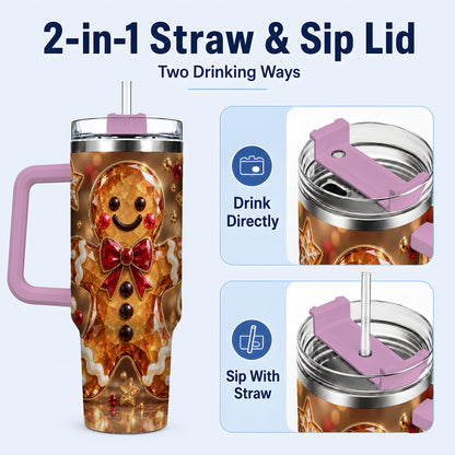 #pl[40oz|Pink] Jewel Style Gingerbread 40oz Tumbler with Handle, Holiday Cookie Design