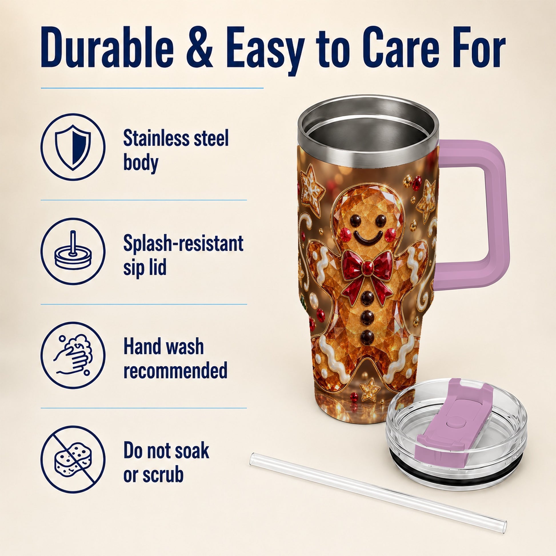 #pl[40oz|Pink] Jewel Style Gingerbread 40oz Tumbler with Handle, Holiday Cookie Design