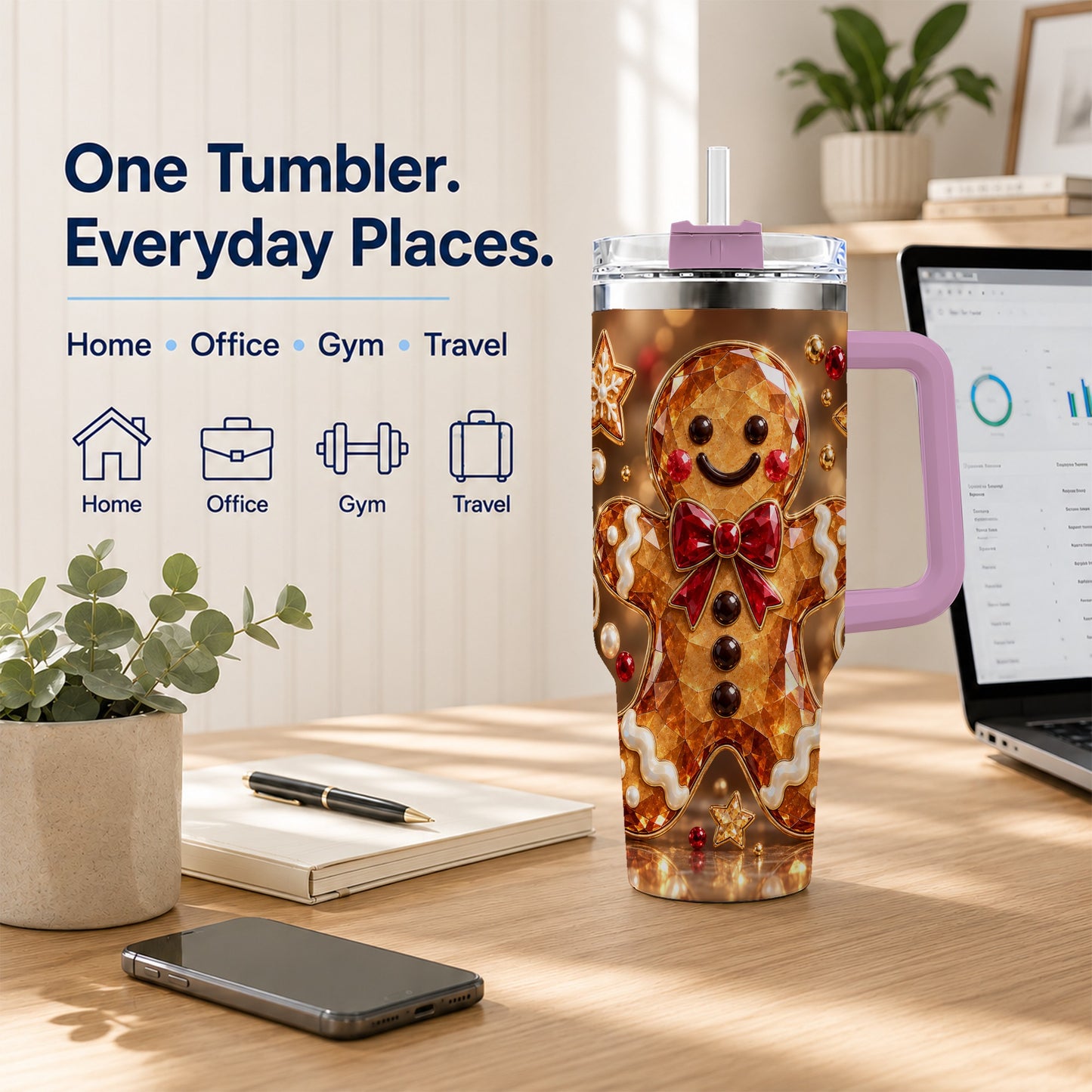 #pl[40oz|Pink] Jewel Style Gingerbread 40oz Tumbler with Handle, Holiday Cookie Design