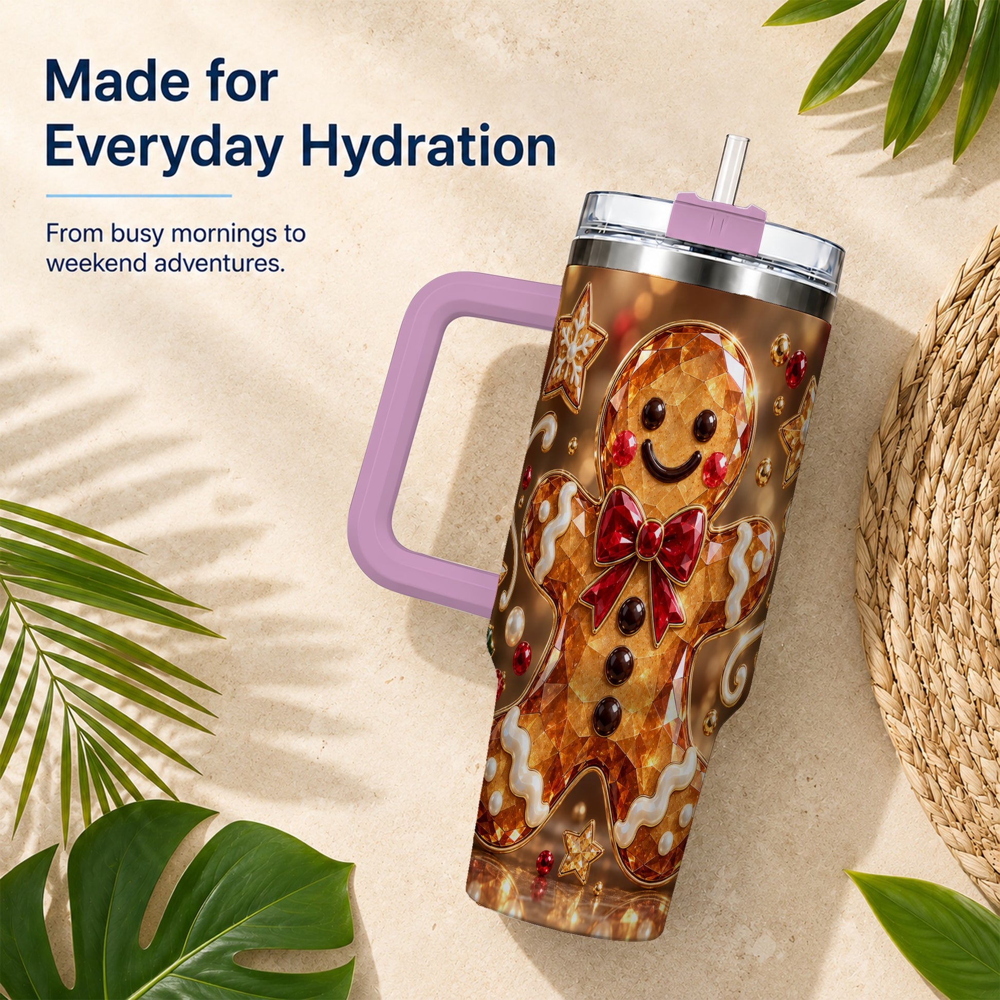 #pl[40oz|Pink] Jewel Style Gingerbread 40oz Tumbler with Handle, Holiday Cookie Design