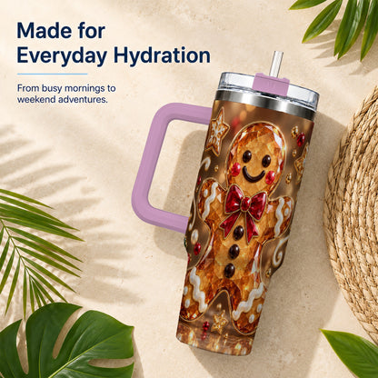 #pl[40oz|Pink] Jewel Style Gingerbread 40oz Tumbler with Handle, Holiday Cookie Design