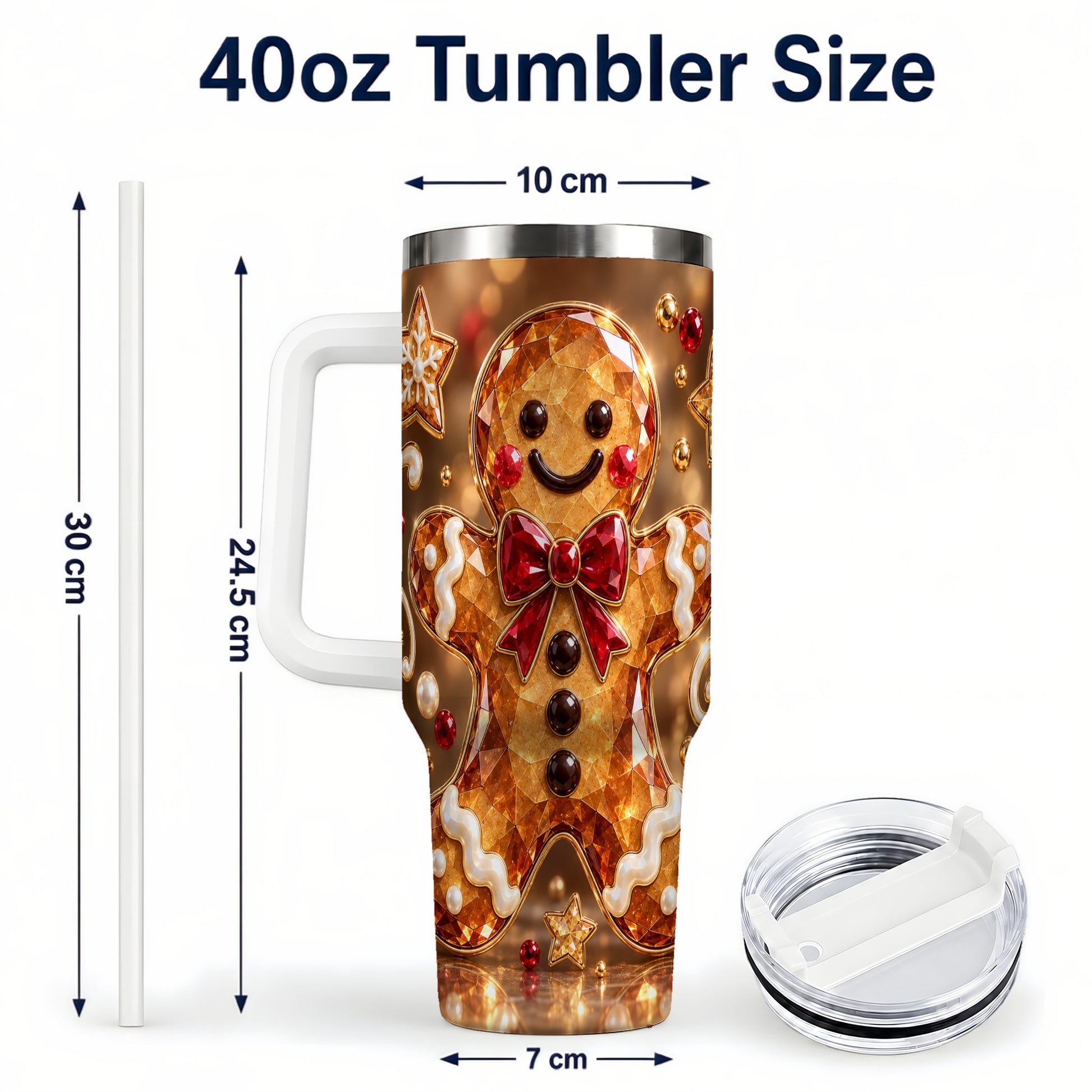#pl[40oz|White] Jewel Style Gingerbread 40oz Tumbler with Handle, Holiday Cookie Design