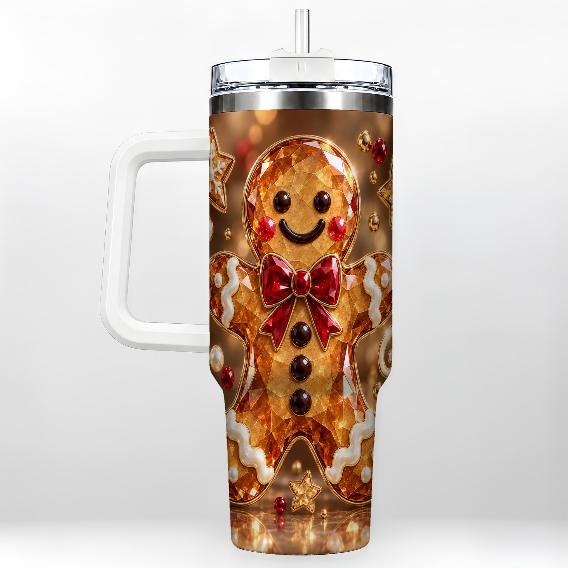 Jewel Style Gingerbread 40oz Tumbler with Handle, Holiday Cookie Design