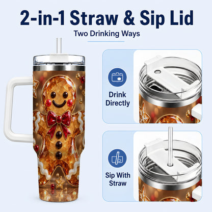 #pl[40oz|White] Jewel Style Gingerbread 40oz Tumbler with Handle, Holiday Cookie Design