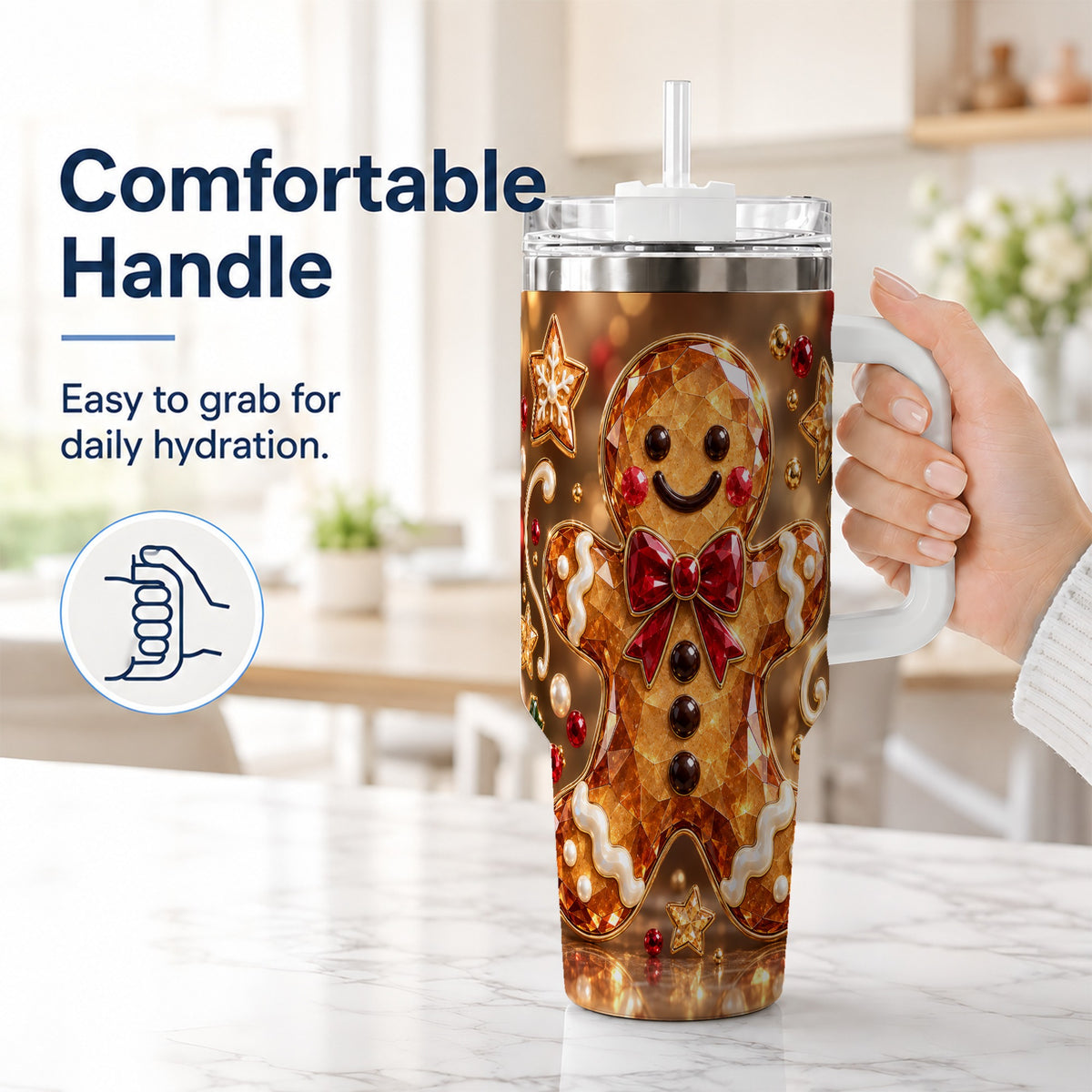 #pl[40oz|White] Jewel Style Gingerbread 40oz Tumbler with Handle, Holiday Cookie Design