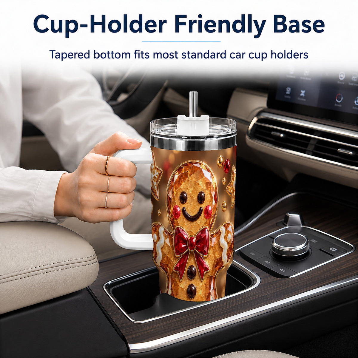 #pl[40oz|White] Jewel Style Gingerbread 40oz Tumbler with Handle, Holiday Cookie Design