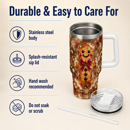 #pl[40oz|White] Jewel Style Gingerbread 40oz Tumbler with Handle, Holiday Cookie Design