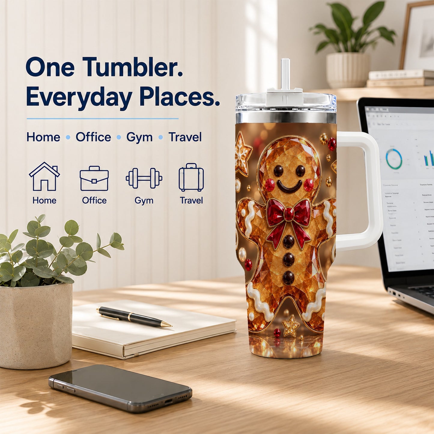 #pl[40oz|White] Jewel Style Gingerbread 40oz Tumbler with Handle, Holiday Cookie Design