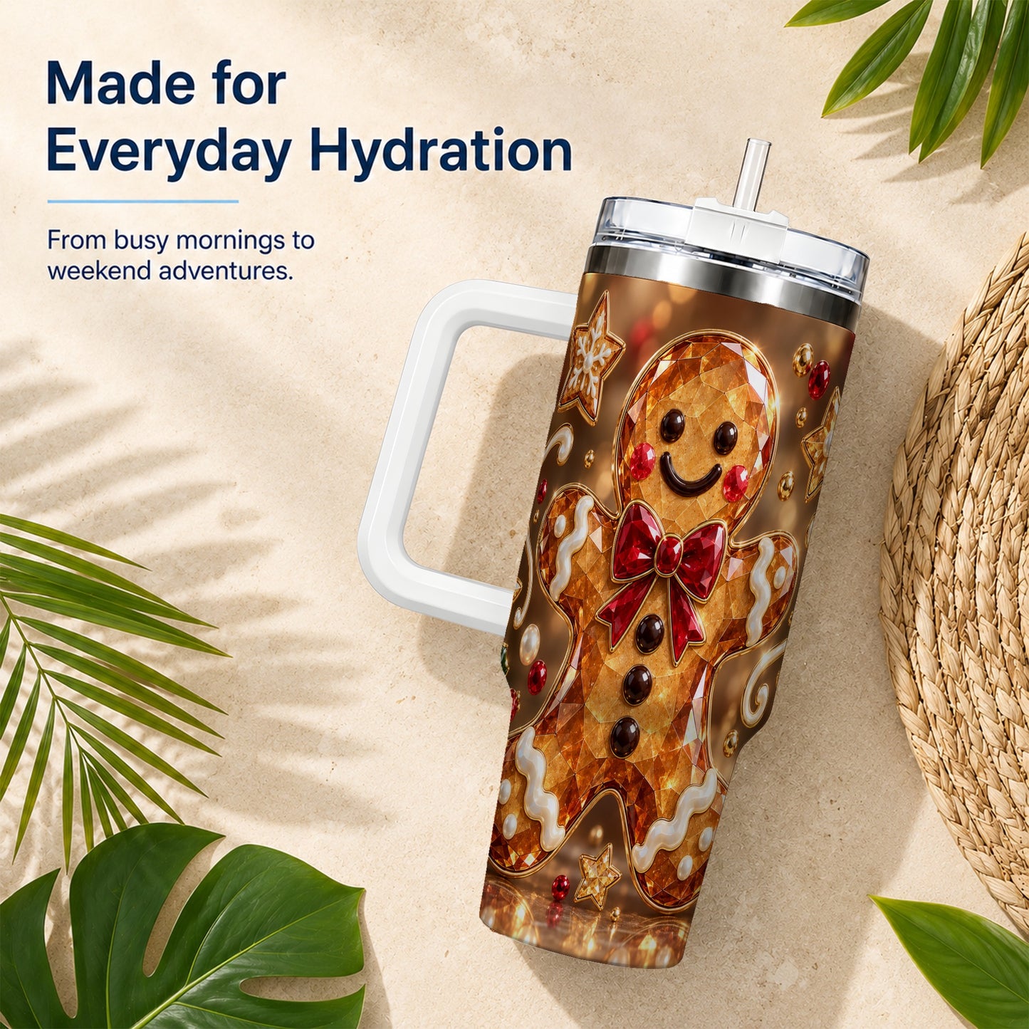 #pl[40oz|White] Jewel Style Gingerbread 40oz Tumbler with Handle, Holiday Cookie Design