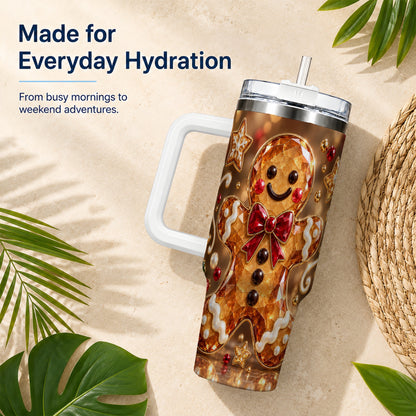 #pl[40oz|White] Jewel Style Gingerbread 40oz Tumbler with Handle, Holiday Cookie Design