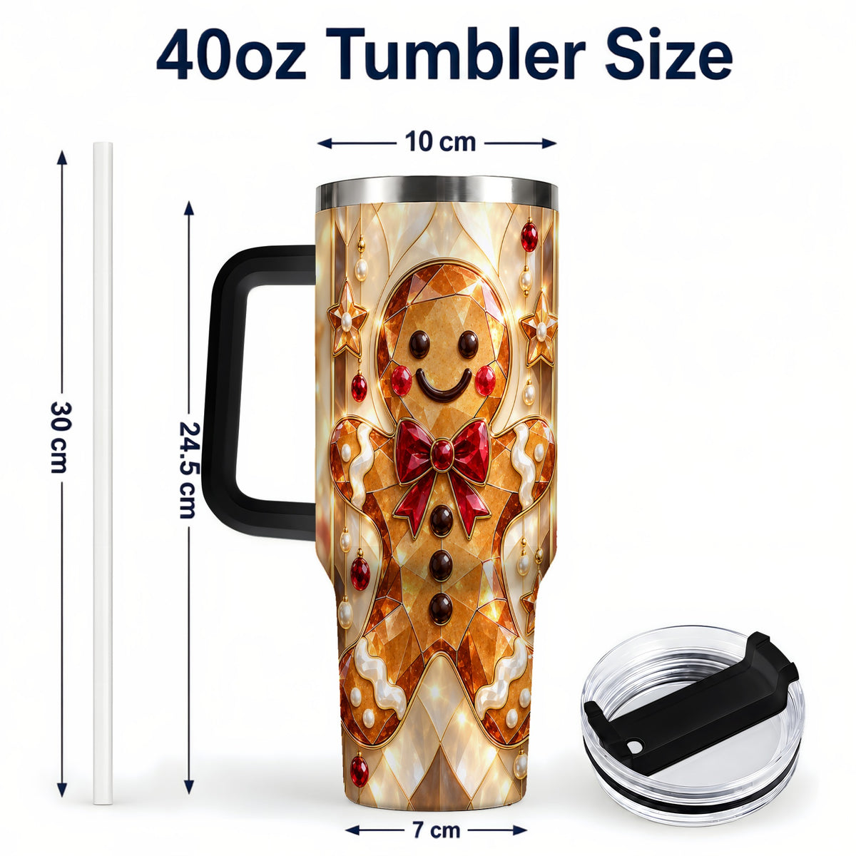 #pl[40oz|Black] Gem Style Gingerbread 40oz Tumbler with Handle, Holiday Cookie Design