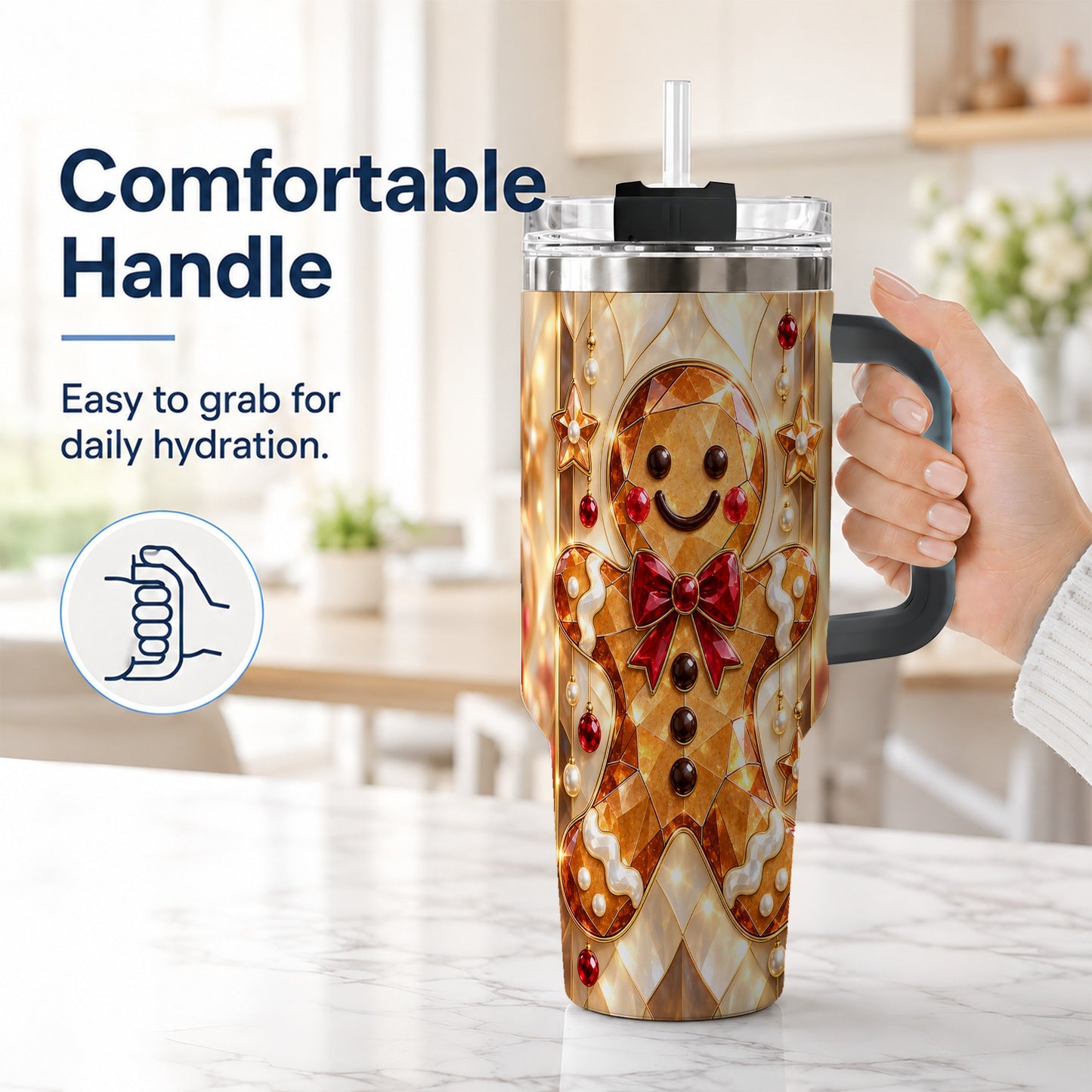 #pl[40oz|Black] Gem Style Gingerbread 40oz Tumbler with Handle, Holiday Cookie Design