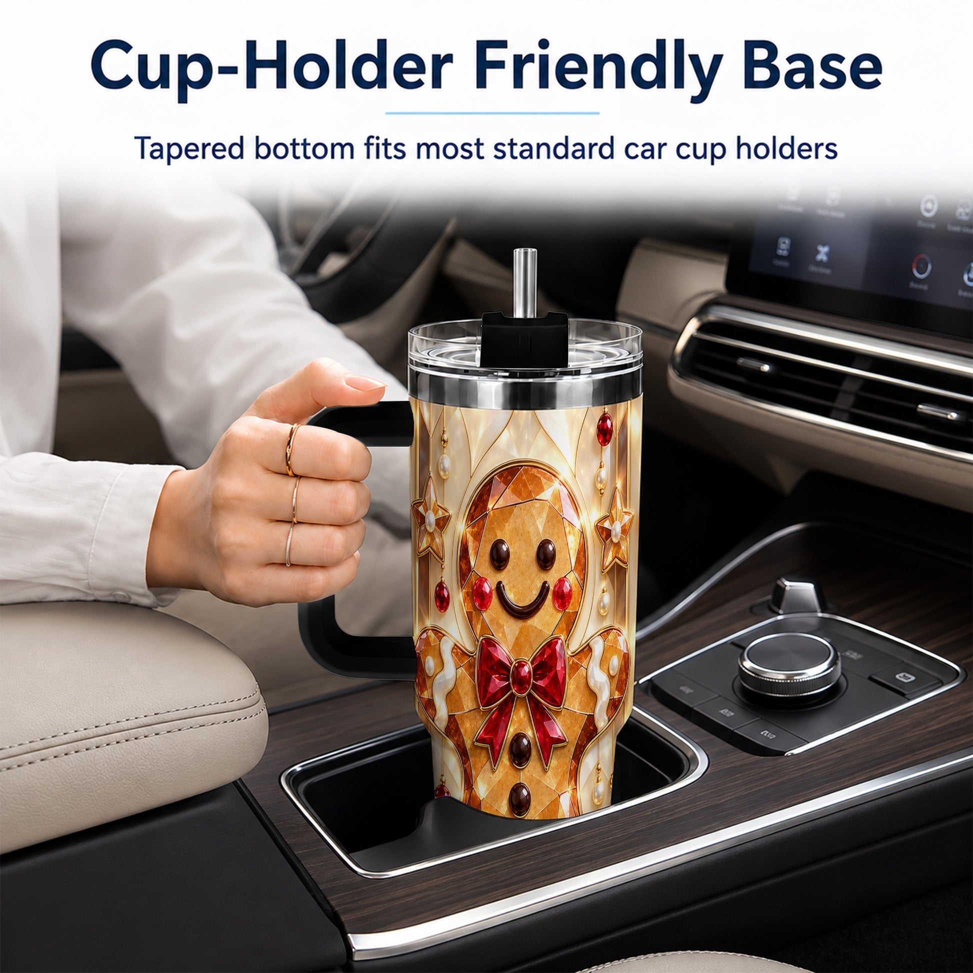 #pl[40oz|Black] Gem Style Gingerbread 40oz Tumbler with Handle, Holiday Cookie Design