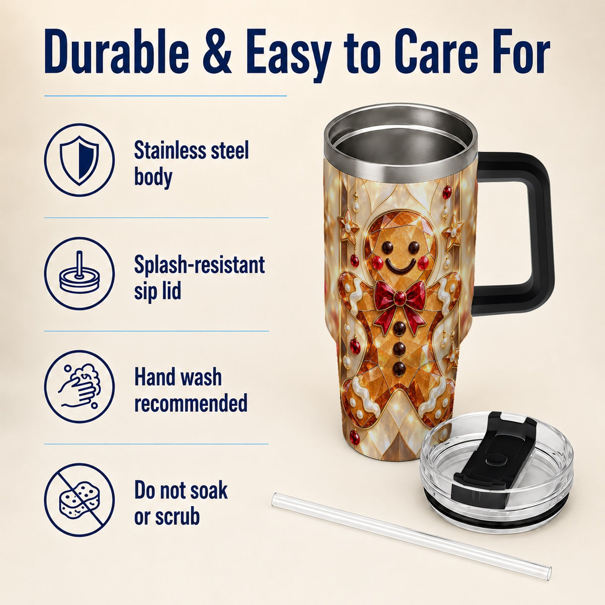 #pl[40oz|Black] Gem Style Gingerbread 40oz Tumbler with Handle, Holiday Cookie Design