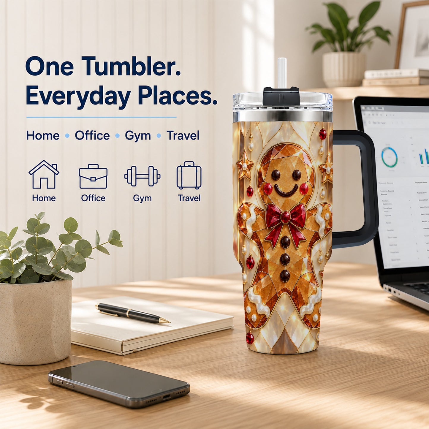#pl[40oz|Black] Gem Style Gingerbread 40oz Tumbler with Handle, Holiday Cookie Design