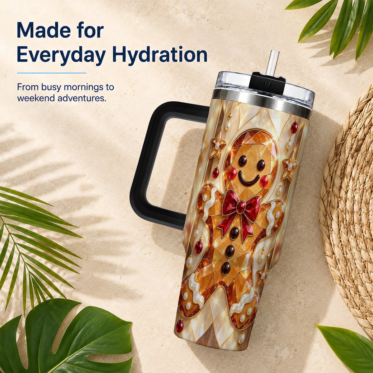 #pl[40oz|Black] Gem Style Gingerbread 40oz Tumbler with Handle, Holiday Cookie Design