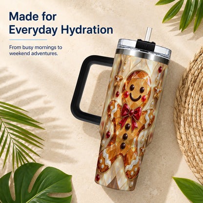 #pl[40oz|Black] Gem Style Gingerbread 40oz Tumbler with Handle, Holiday Cookie Design