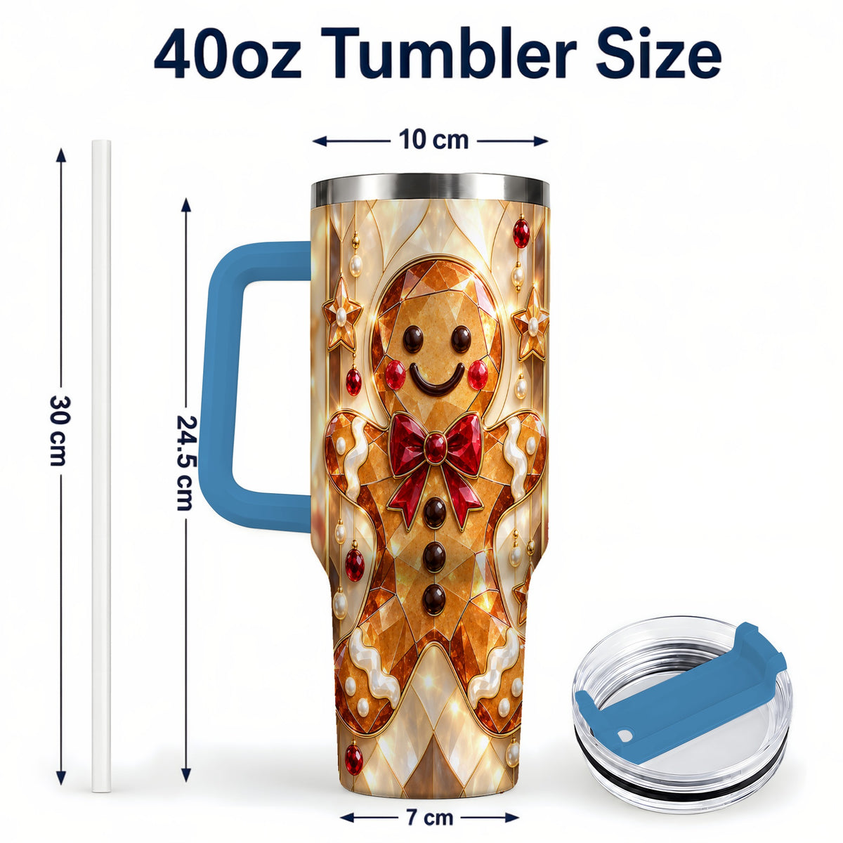 #pl[40oz|Blue] Gem Style Gingerbread 40oz Tumbler with Handle, Holiday Cookie Design