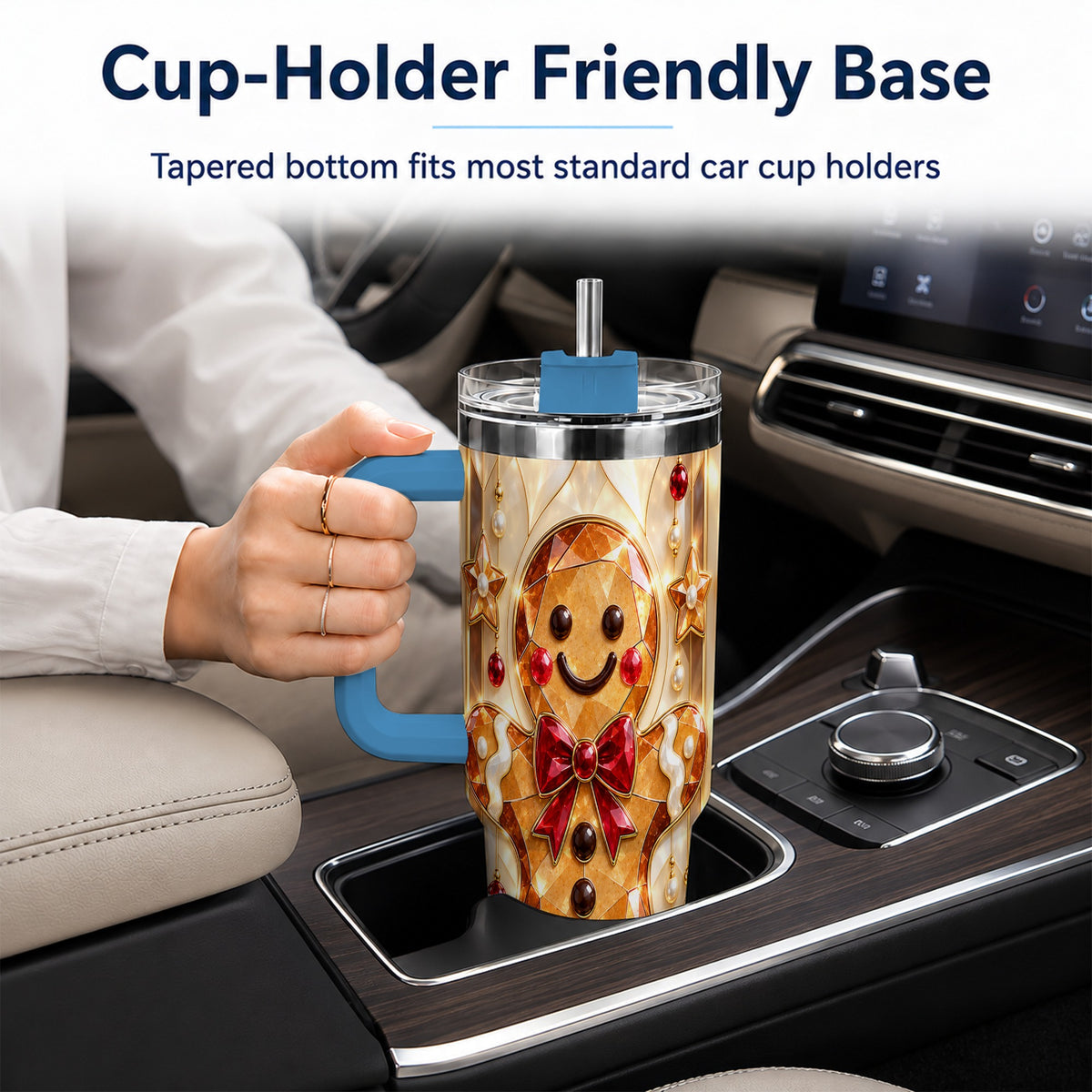 #pl[40oz|Blue] Gem Style Gingerbread 40oz Tumbler with Handle, Holiday Cookie Design