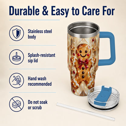 #pl[40oz|Blue] Gem Style Gingerbread 40oz Tumbler with Handle, Holiday Cookie Design