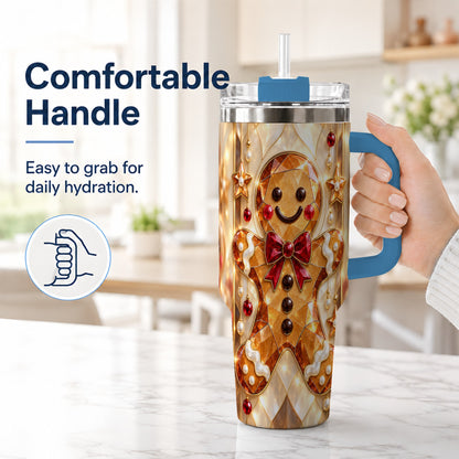 #pl[40oz|Blue] Gem Style Gingerbread 40oz Tumbler with Handle, Holiday Cookie Design
