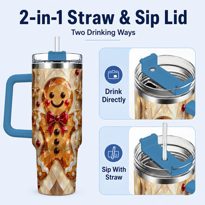 #pl[40oz|Blue] Gem Style Gingerbread 40oz Tumbler with Handle, Holiday Cookie Design