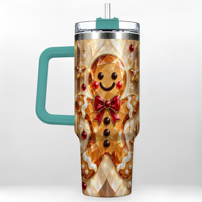 #pl[40oz|Green] Gem Style Gingerbread 40oz Tumbler with Handle, Holiday Cookie Design