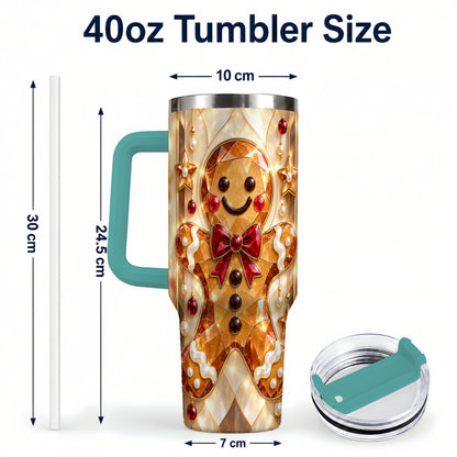 #pl[40oz|Green] Gem Style Gingerbread 40oz Tumbler with Handle, Holiday Cookie Design