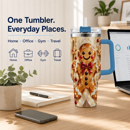 #pl[40oz|Blue] Gem Style Gingerbread 40oz Tumbler with Handle, Holiday Cookie Design