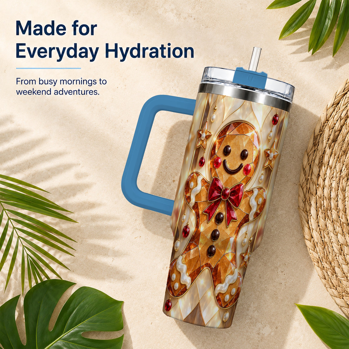 #pl[40oz|Blue] Gem Style Gingerbread 40oz Tumbler with Handle, Holiday Cookie Design