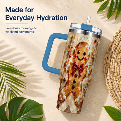 #pl[40oz|Blue] Gem Style Gingerbread 40oz Tumbler with Handle, Holiday Cookie Design
