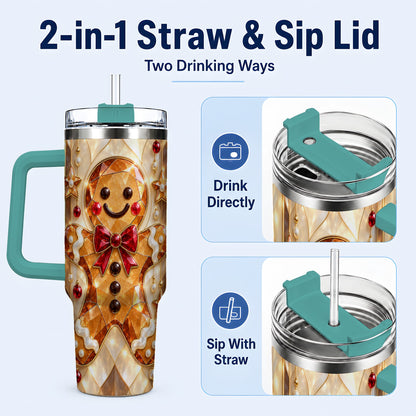 #pl[40oz|Green] Gem Style Gingerbread 40oz Tumbler with Handle, Holiday Cookie Design