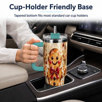 #pl[40oz|Green] Gem Style Gingerbread 40oz Tumbler with Handle, Holiday Cookie Design