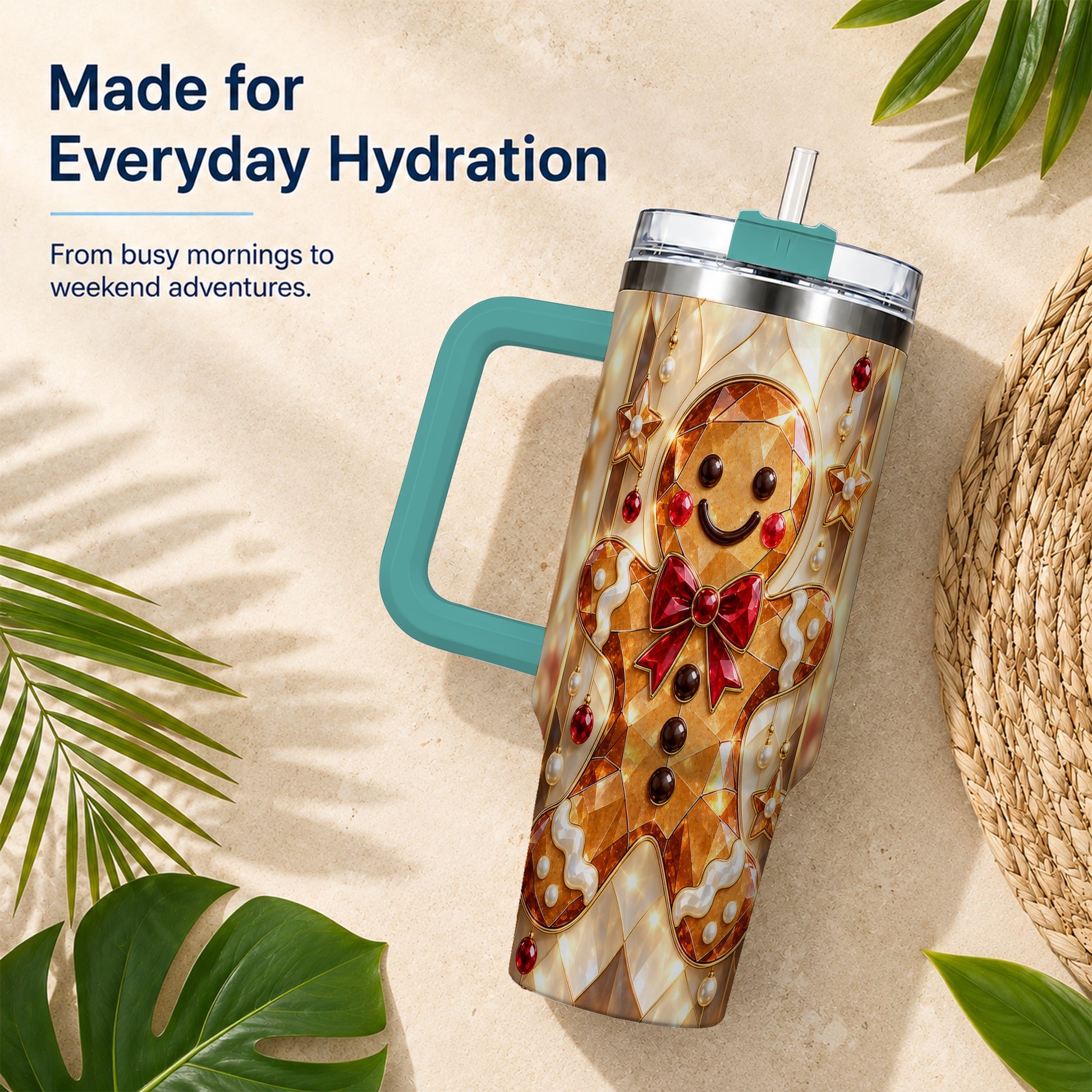 #pl[40oz|Green] Gem Style Gingerbread 40oz Tumbler with Handle, Holiday Cookie Design