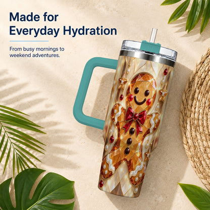 #pl[40oz|Green] Gem Style Gingerbread 40oz Tumbler with Handle, Holiday Cookie Design
