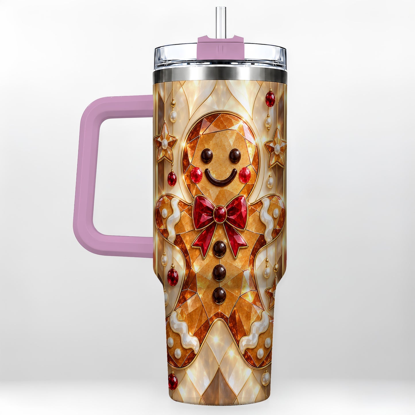 #pl[40oz|Pink] Gem Style Gingerbread 40oz Tumbler with Handle, Holiday Cookie Design