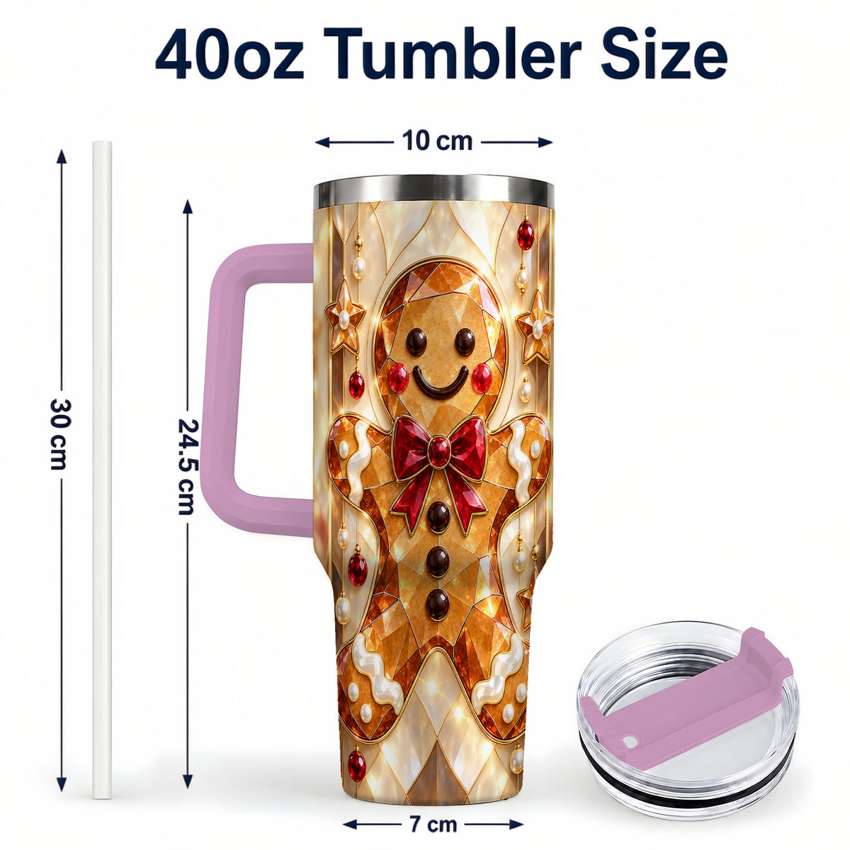 #pl[40oz|Pink] Gem Style Gingerbread 40oz Tumbler with Handle, Holiday Cookie Design