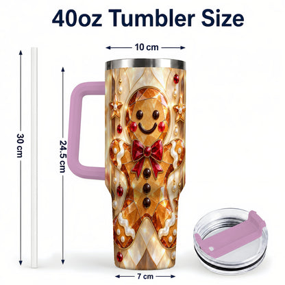 #pl[40oz|Pink] Gem Style Gingerbread 40oz Tumbler with Handle, Holiday Cookie Design