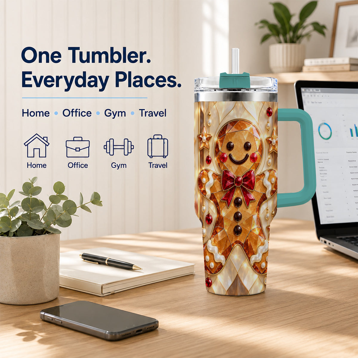 #pl[40oz|Green] Gem Style Gingerbread 40oz Tumbler with Handle, Holiday Cookie Design