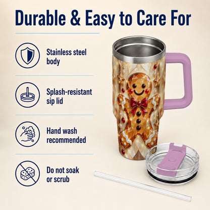 #pl[40oz|Pink] Gem Style Gingerbread 40oz Tumbler with Handle, Holiday Cookie Design